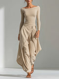 DELPHINE | Conjunto Beige Cuello Barco y Pantalón Ancho