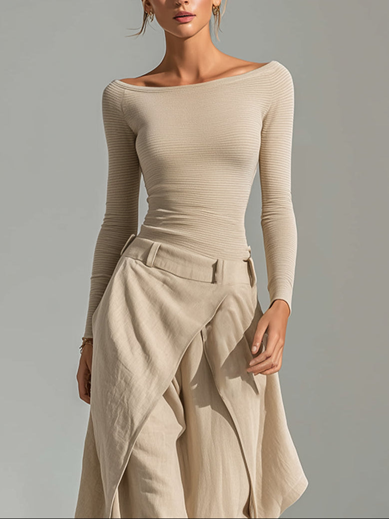 DELPHINE | Conjunto Beige Cuello Barco y Pantalón Ancho