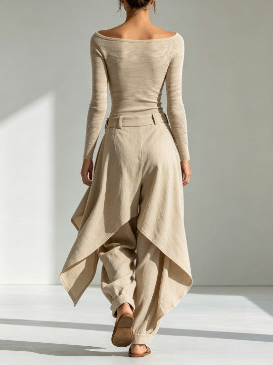 DELPHINE | Conjunto Beige Cuello Barco y Pantalón Ancho
