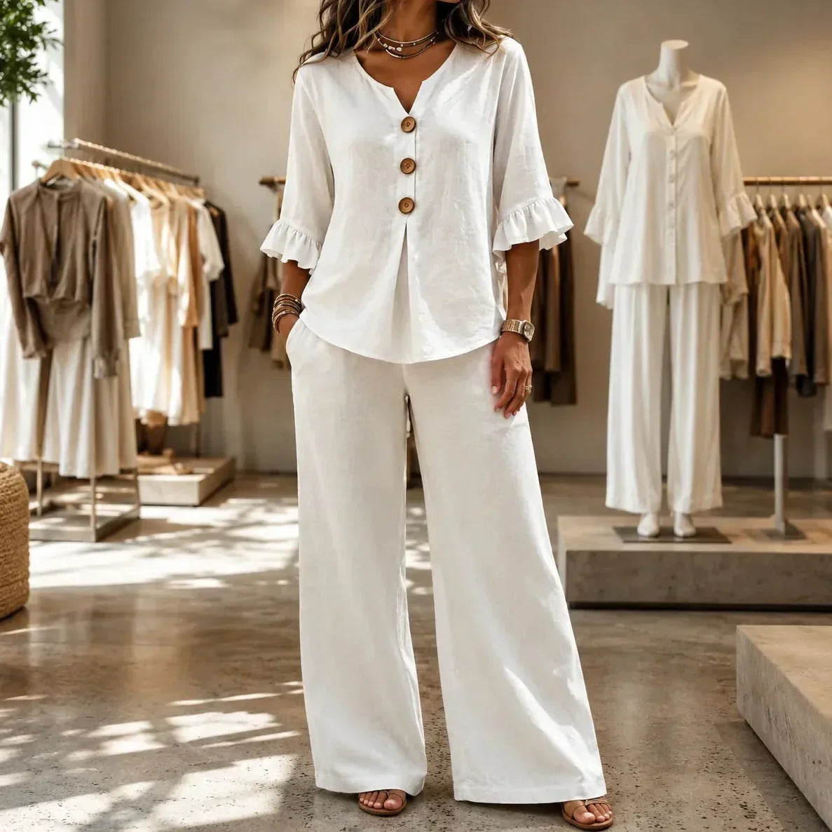 LEANDRA | Conjunto Efecto Lino con Mangas de Volantes