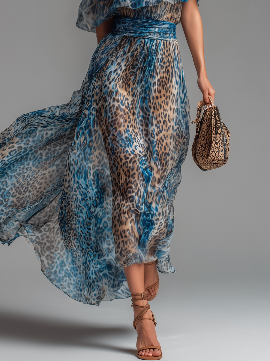 LEONA | Vestido Largo de Gasa Leopardo con Hombros Descubiertos