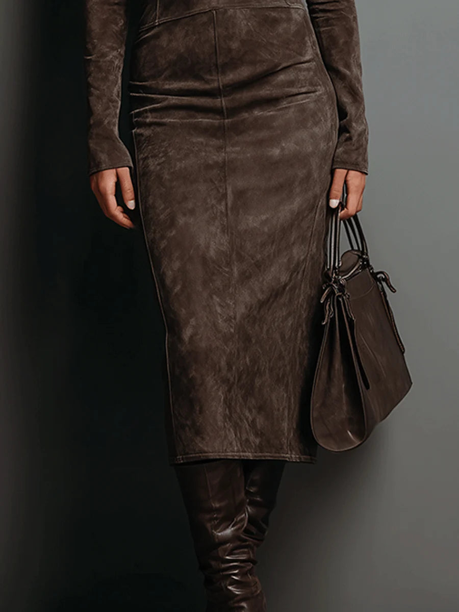 MAITE | Vestido Midi Efecto Ante con Cuello Alto