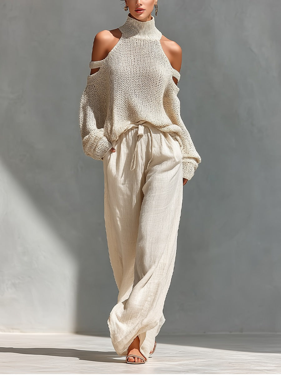 CAMILA | Conjunto de Punto con Top de Hombros Descubiertos y Pantalón Ancho