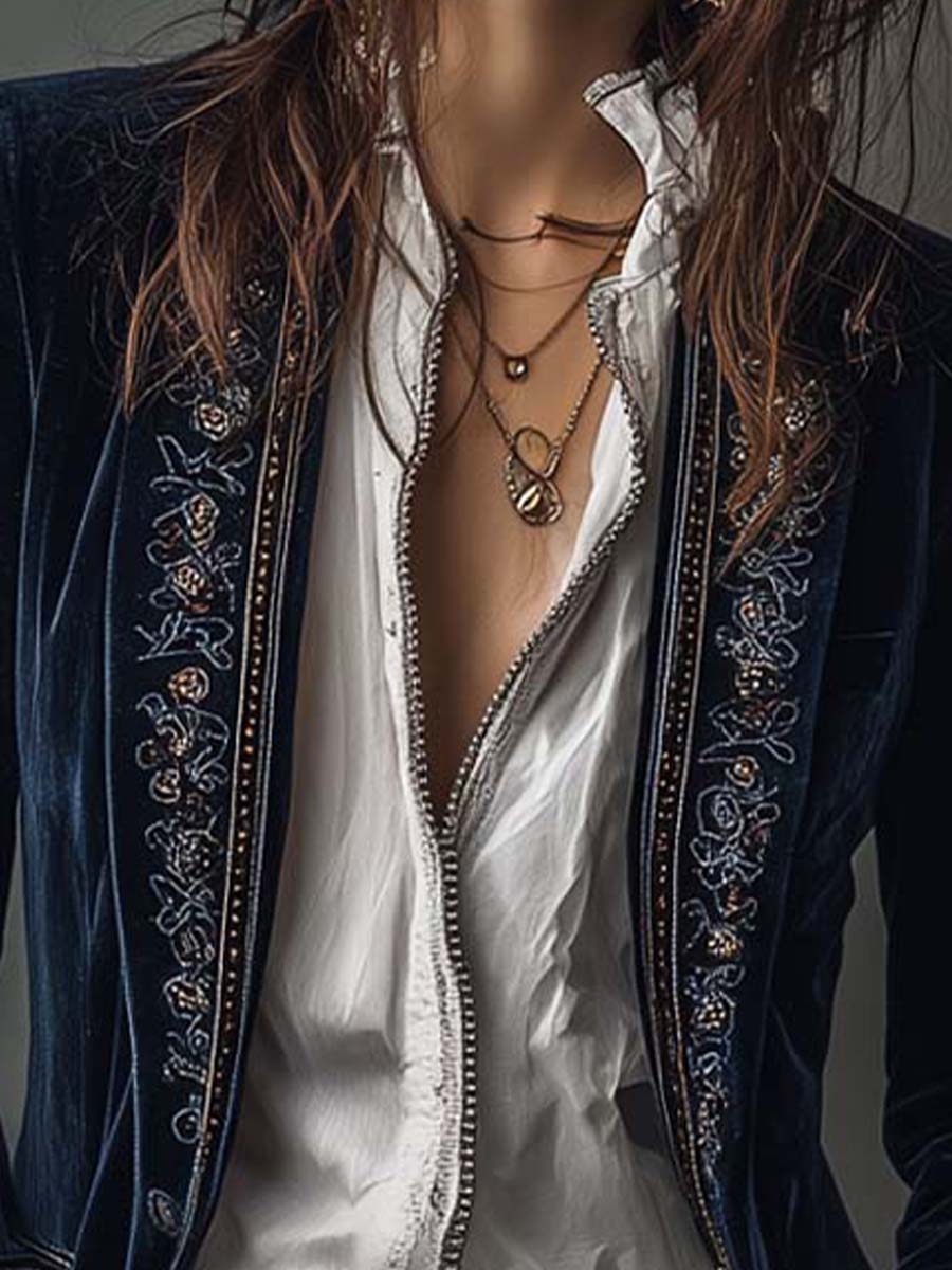 ANAÍS | Chaqueta Larga Bordada Vintage Azul Marino