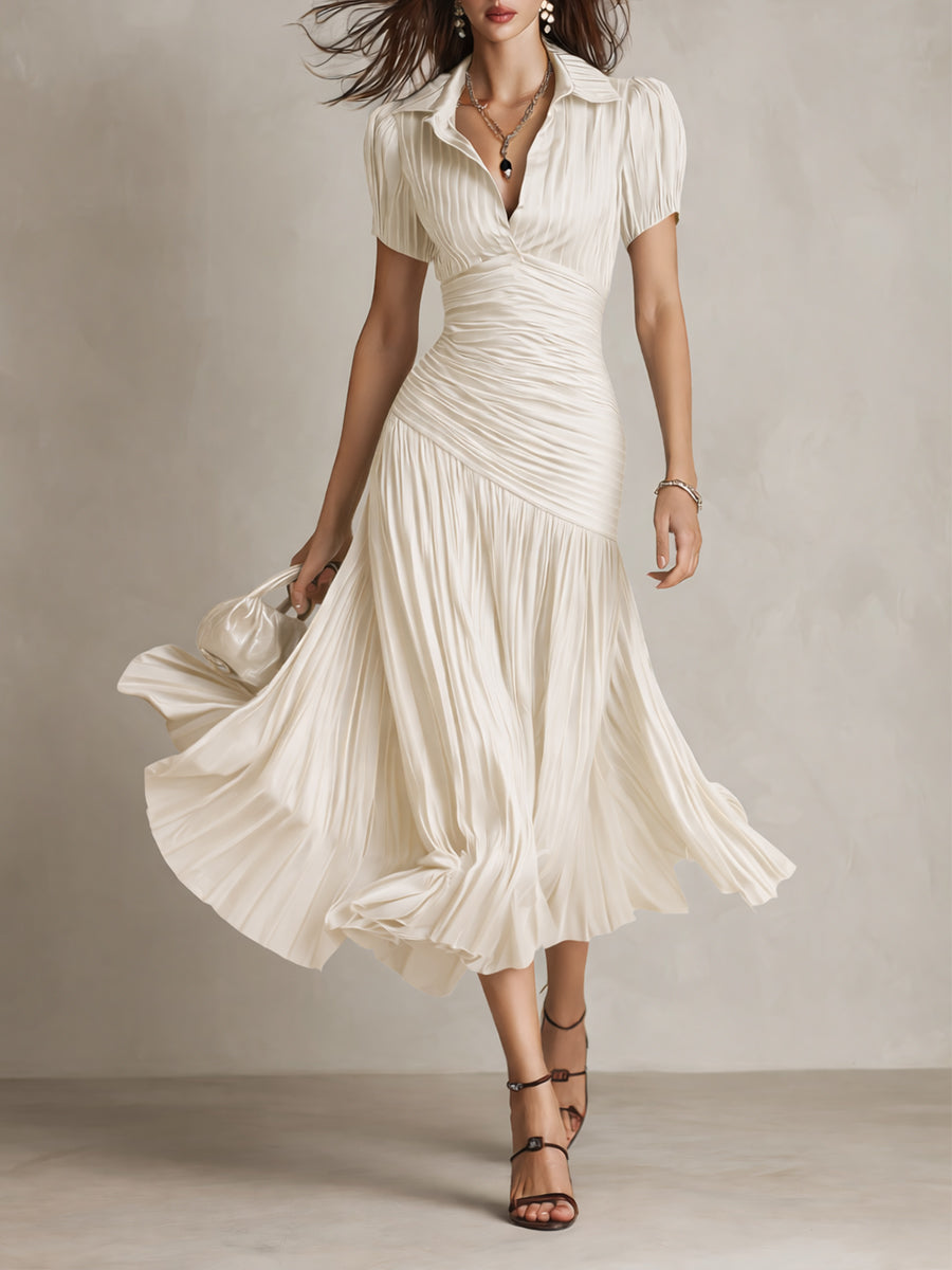 LINA | Vestido Midi Ajustado Plisado Retro