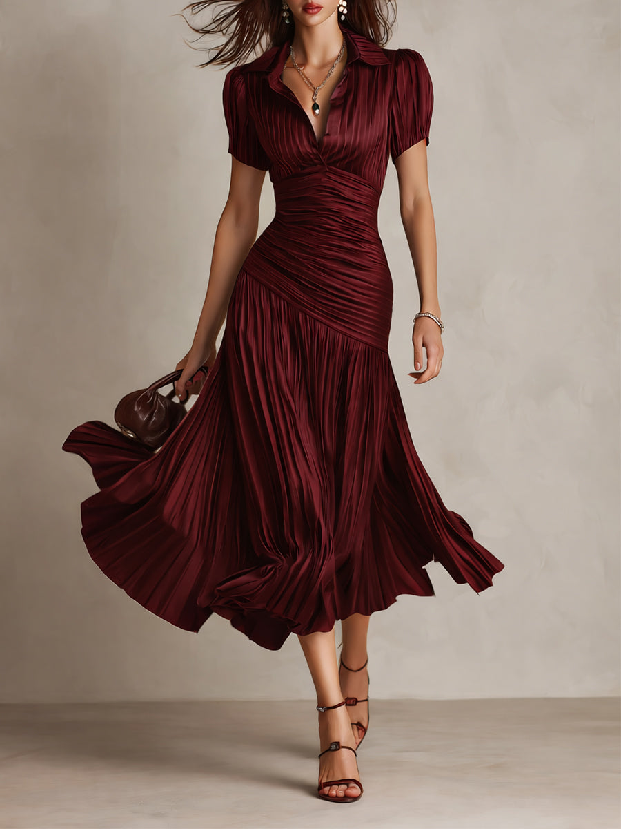 LINA | Vestido Midi Ajustado Plisado Retro