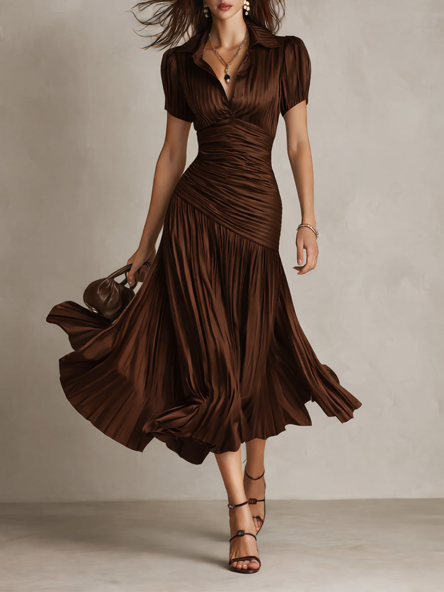 LINA | Vestido Midi Ajustado Plisado Retro