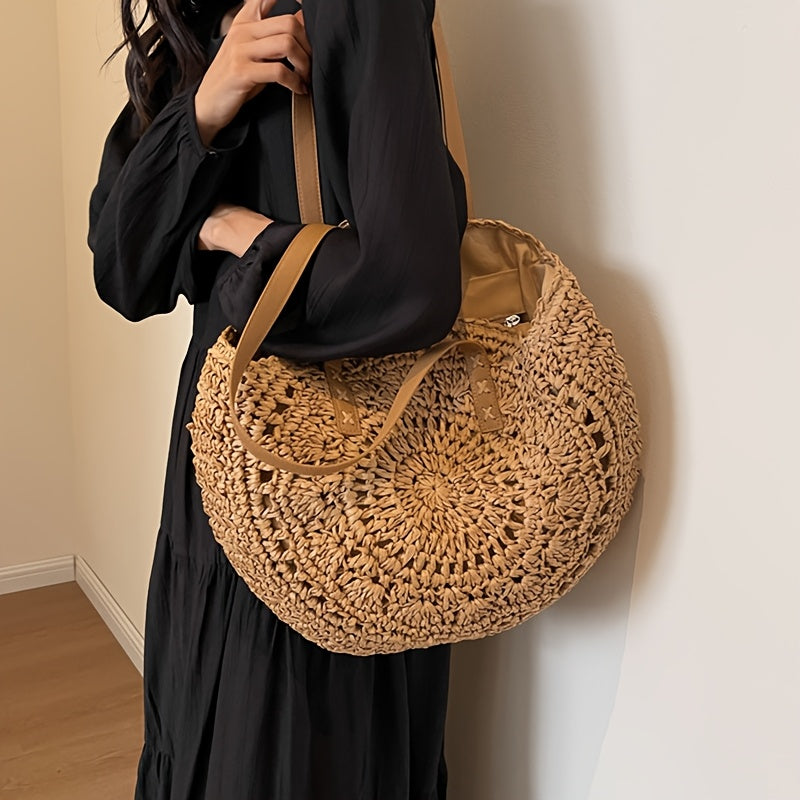 LOLA | Bolso Redondo de Paja Trenzada con Estampado - Coñac