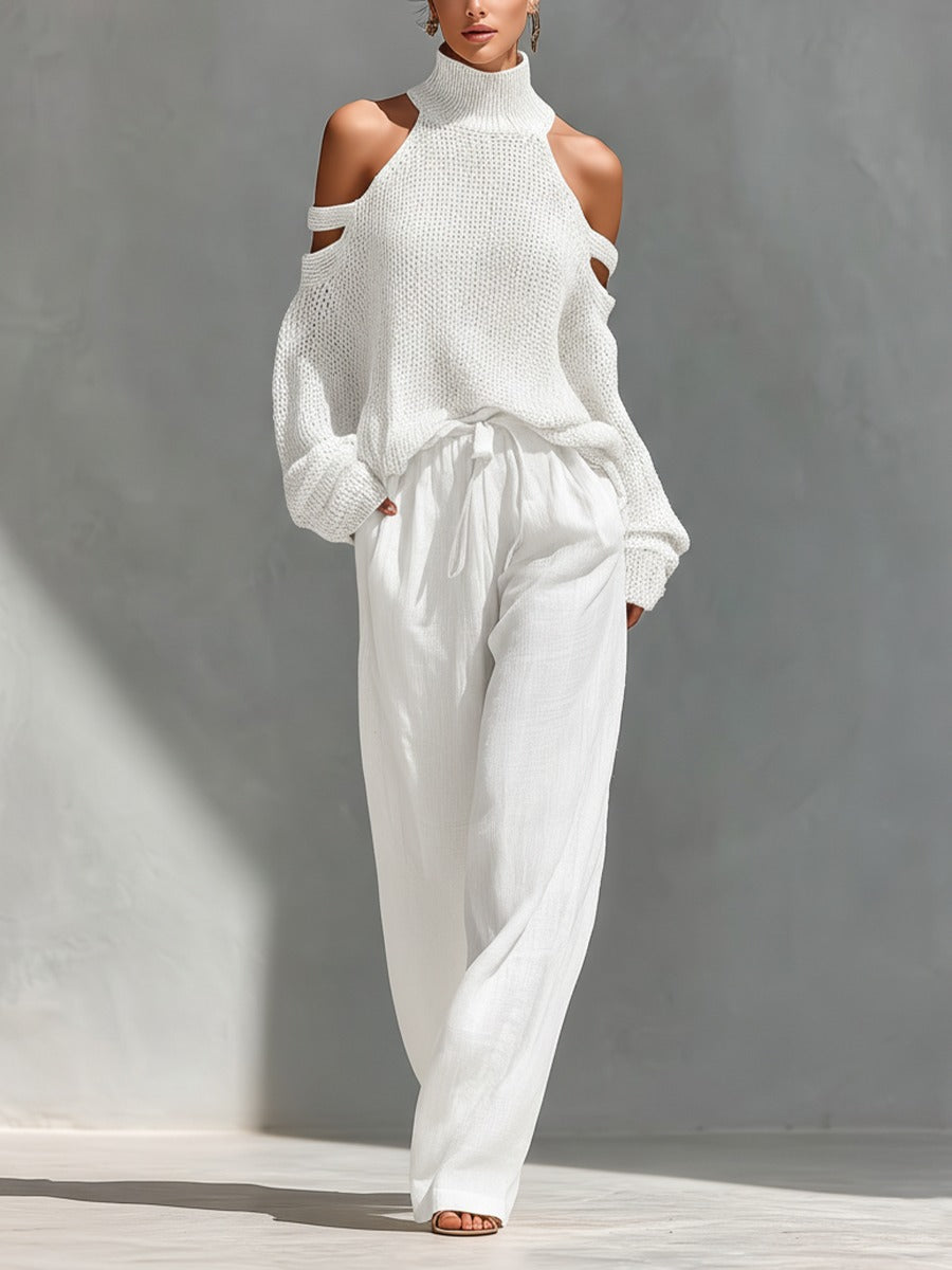 CAMILA | Conjunto de Punto con Top de Hombros Descubiertos y Pantalón Ancho