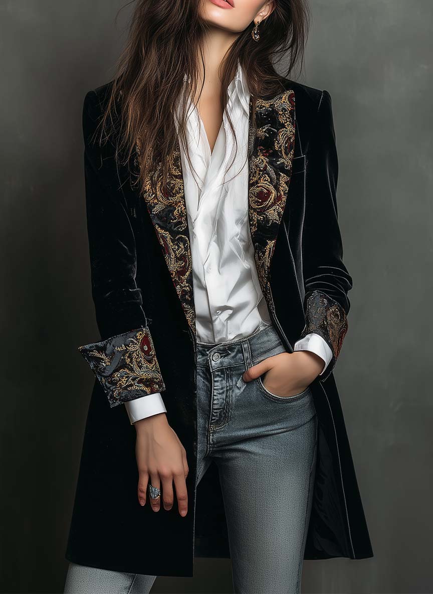 LEONTINA | Blazer Negro Ajustado Estampado Barroco