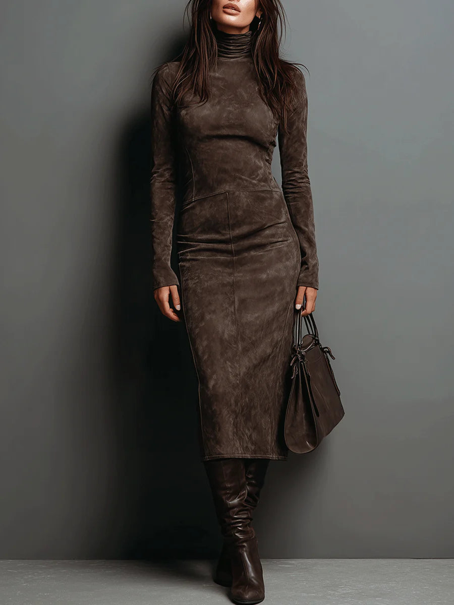 MAITE | Vestido Midi Efecto Ante con Cuello Alto