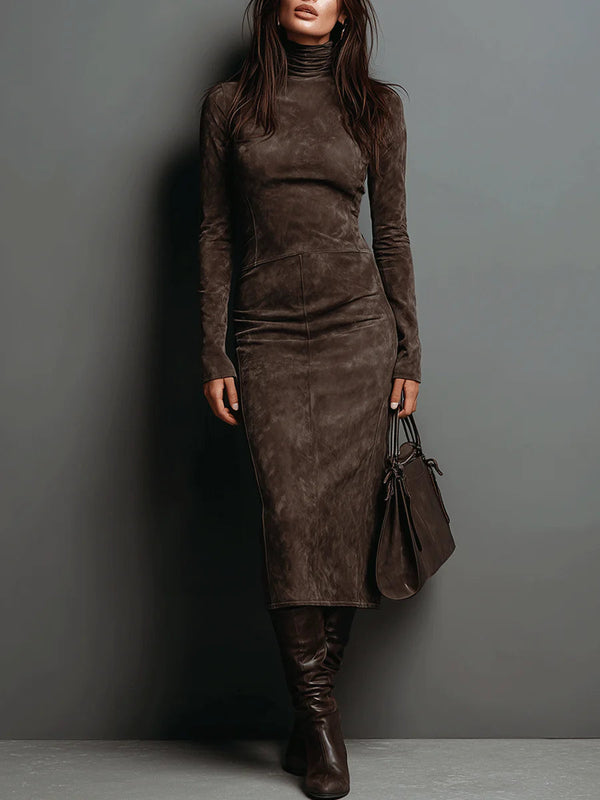 MAITE | Vestido Midi Efecto Ante con Cuello Alto