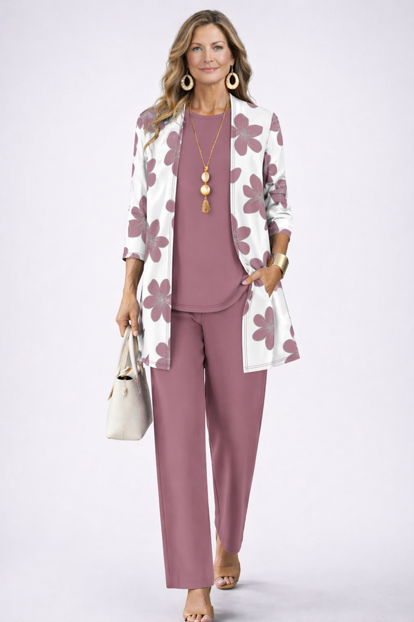 MAGDA | Conjunto Morado de Cárdigan Estampado y Palazzo