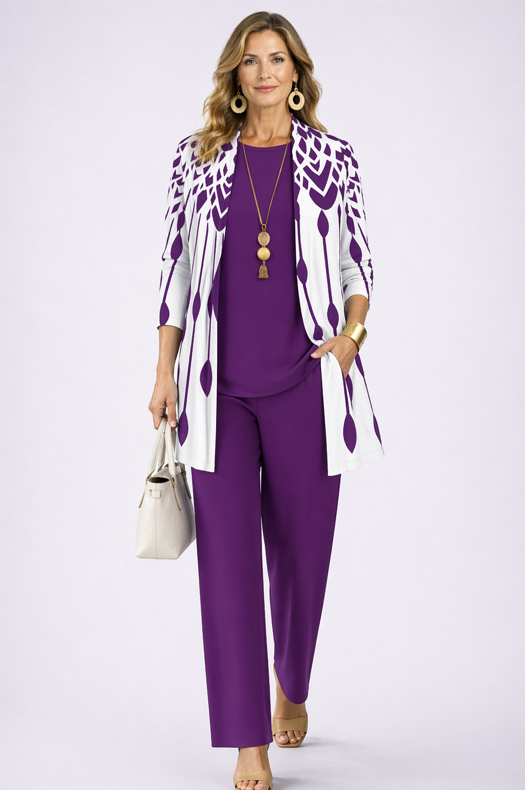 PRISCILA | Conjunto de Tres Piezas con Cárdigan Morado