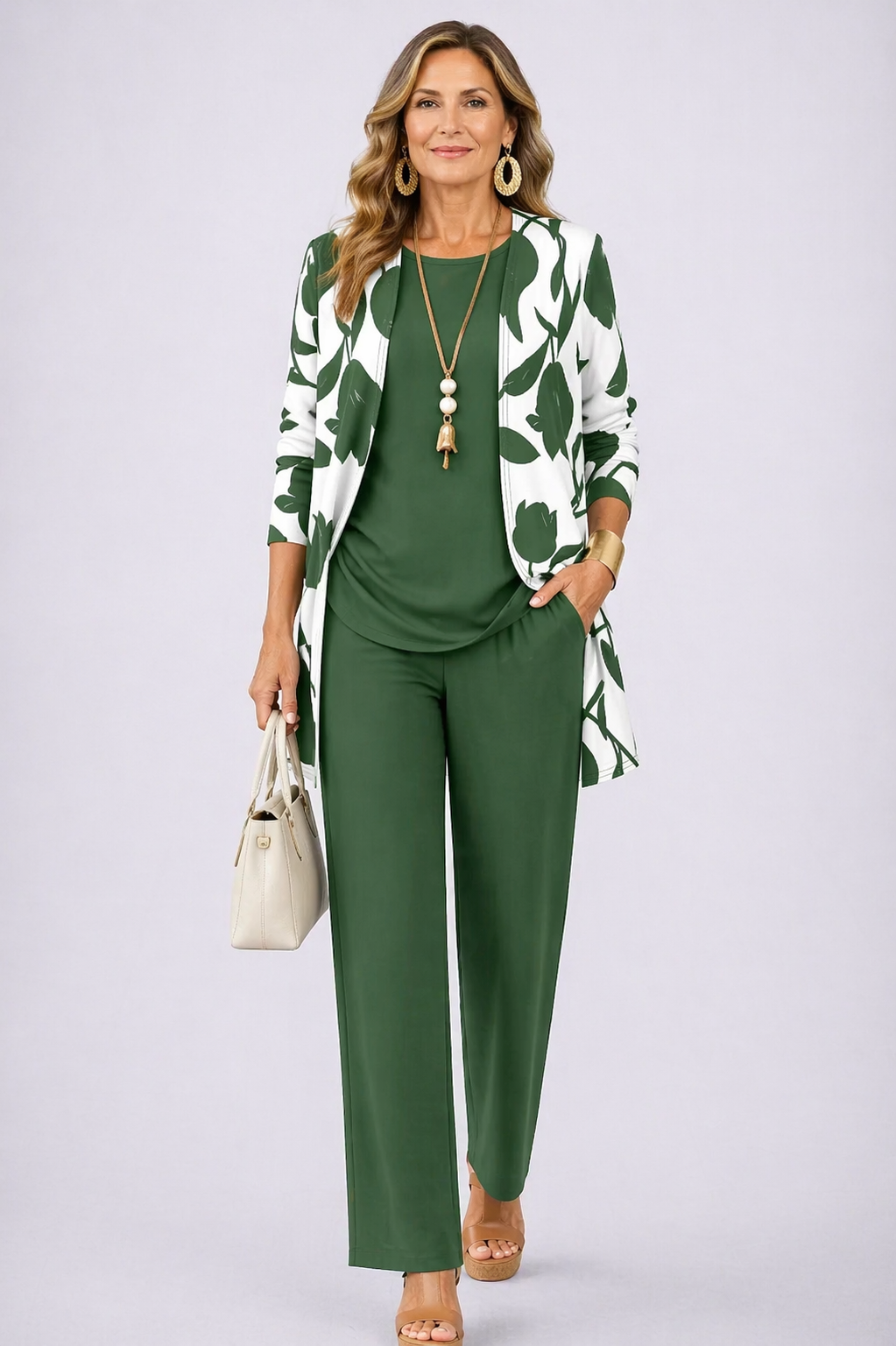 BRENDA | Conjunto de Tres Piezas Verde y Blanco con Cárdigan