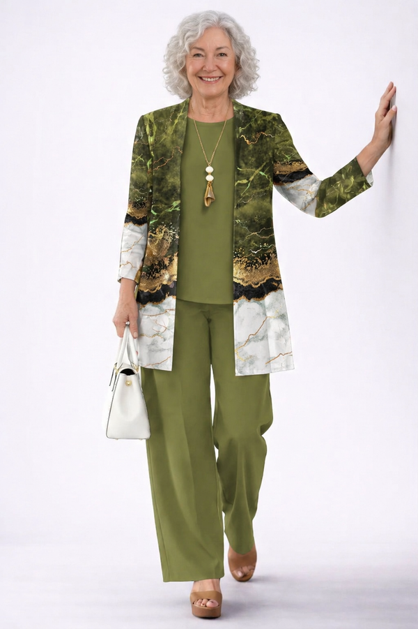 XENIA | Conjunto Verde de Cárdigan, Top y Pantalón