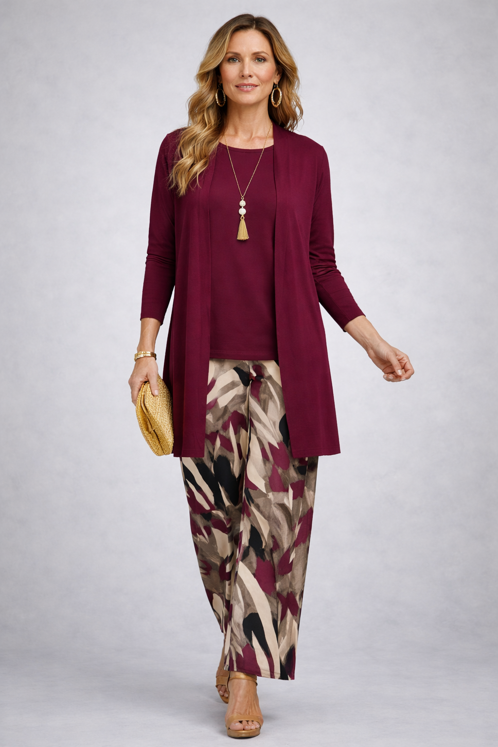 ERIKA | Conjunto Burdeos de Cárdigan, Top y Pantalón