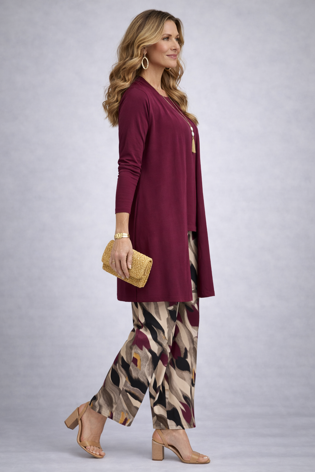 ERIKA | Conjunto Burdeos de Cárdigan, Top y Pantalón