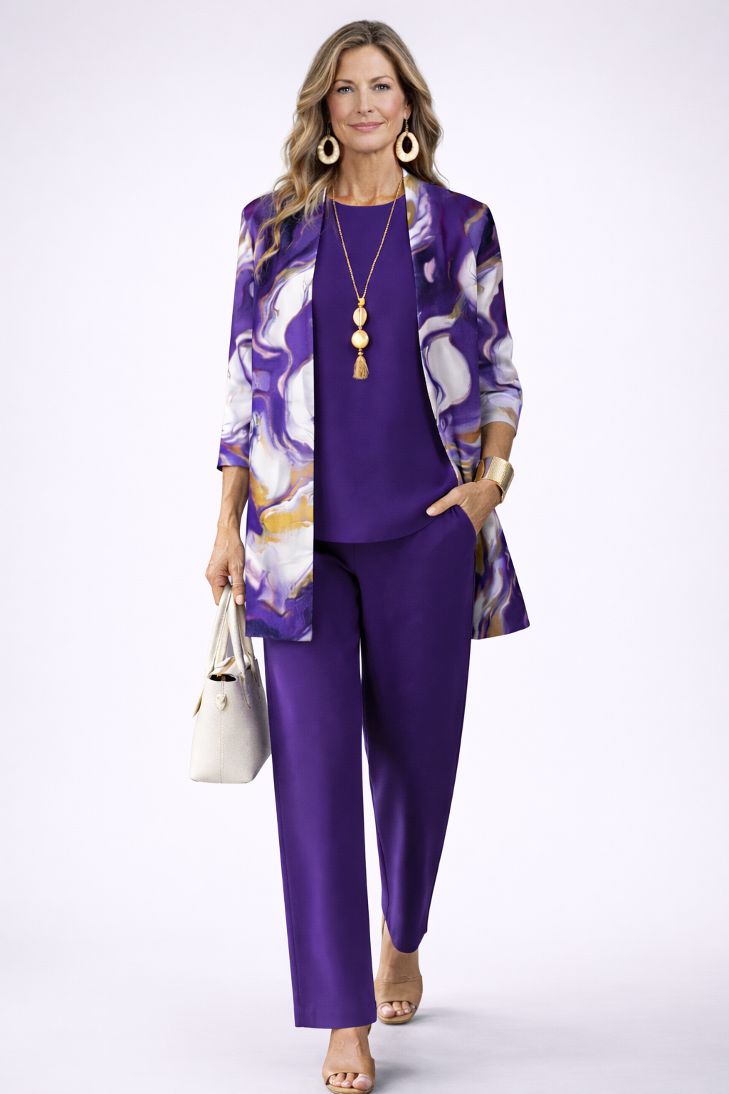 CLOTILDE | Conjunto Morado de Cárdigan, Top y Pantalón