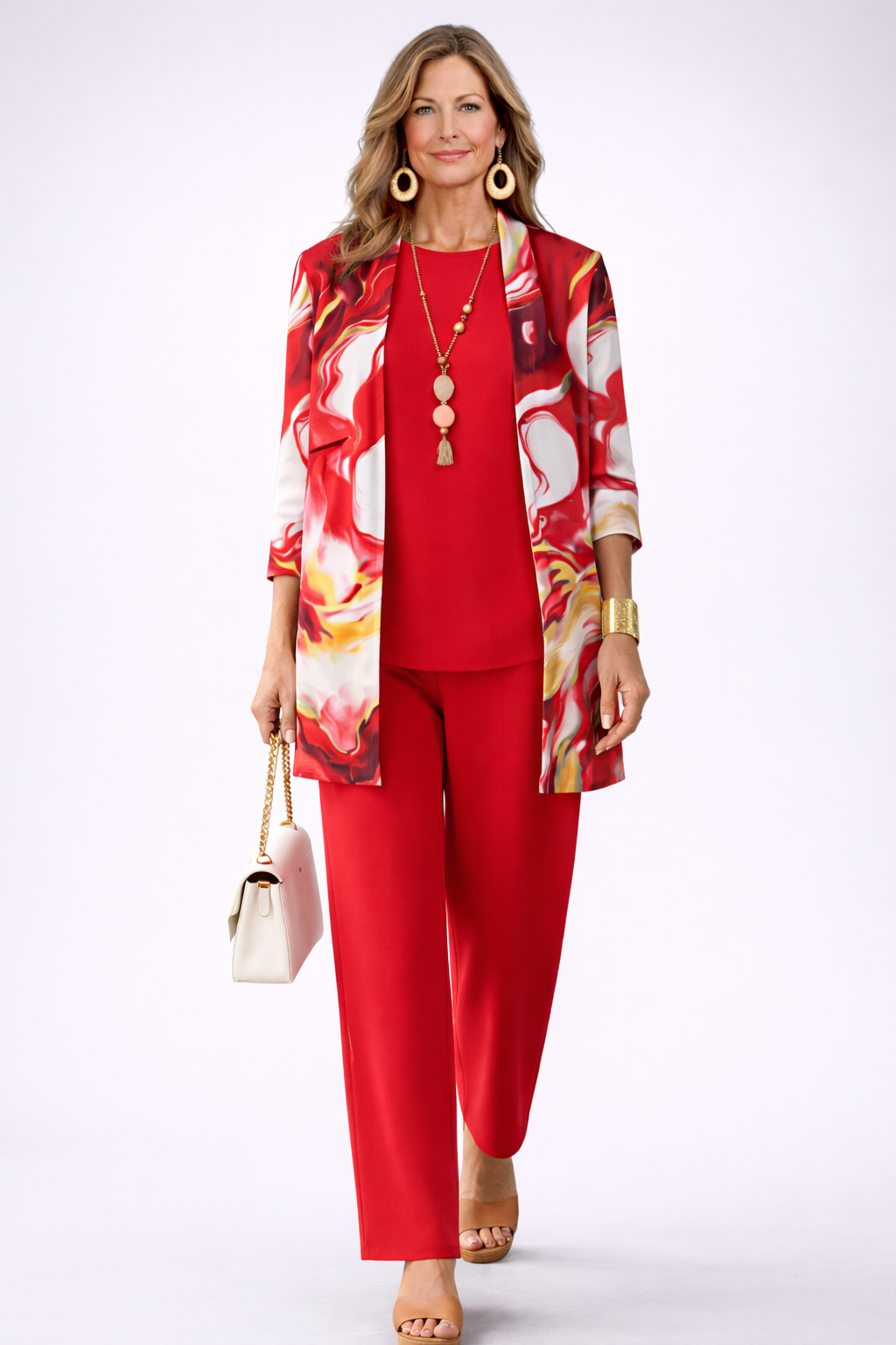 GRISELDA | Conjunto de Tres Piezas Rojo con Cárdigan