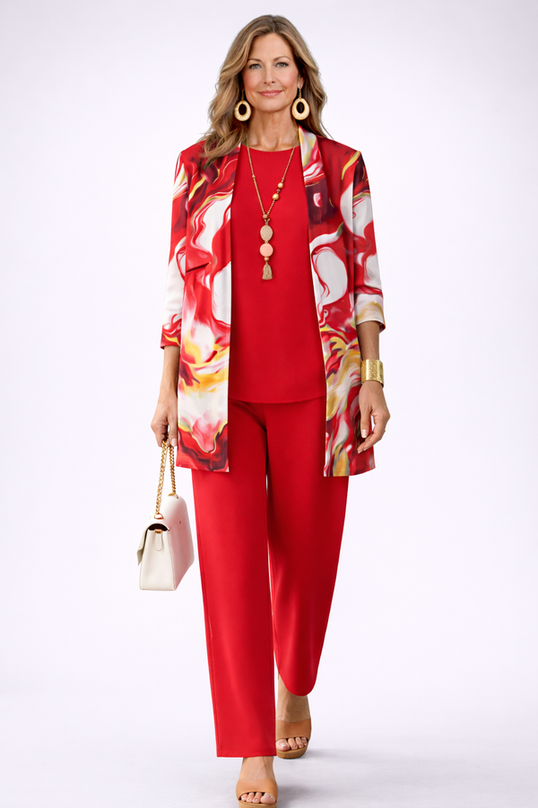 GRISELDA | Conjunto de Tres Piezas Rojo con Cárdigan