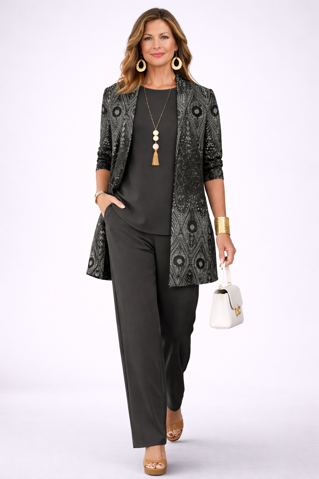 ALDARA | Conjunto Negro de Cárdigan, Top y Pantalón