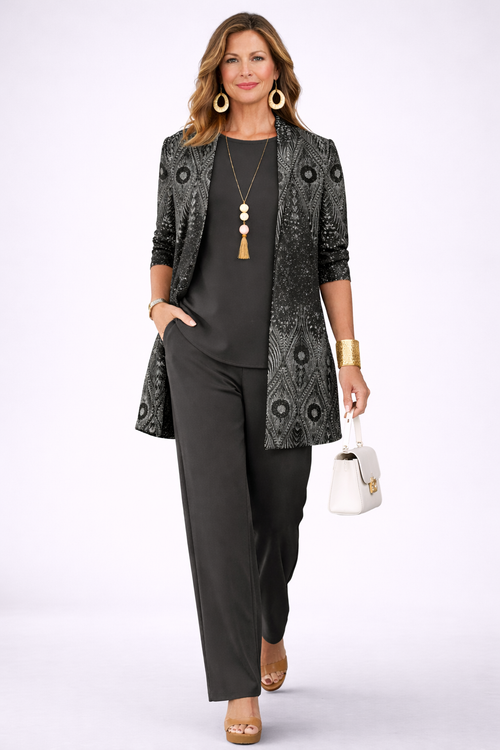 ALDARA | Conjunto Negro de Cárdigan, Top y Pantalón