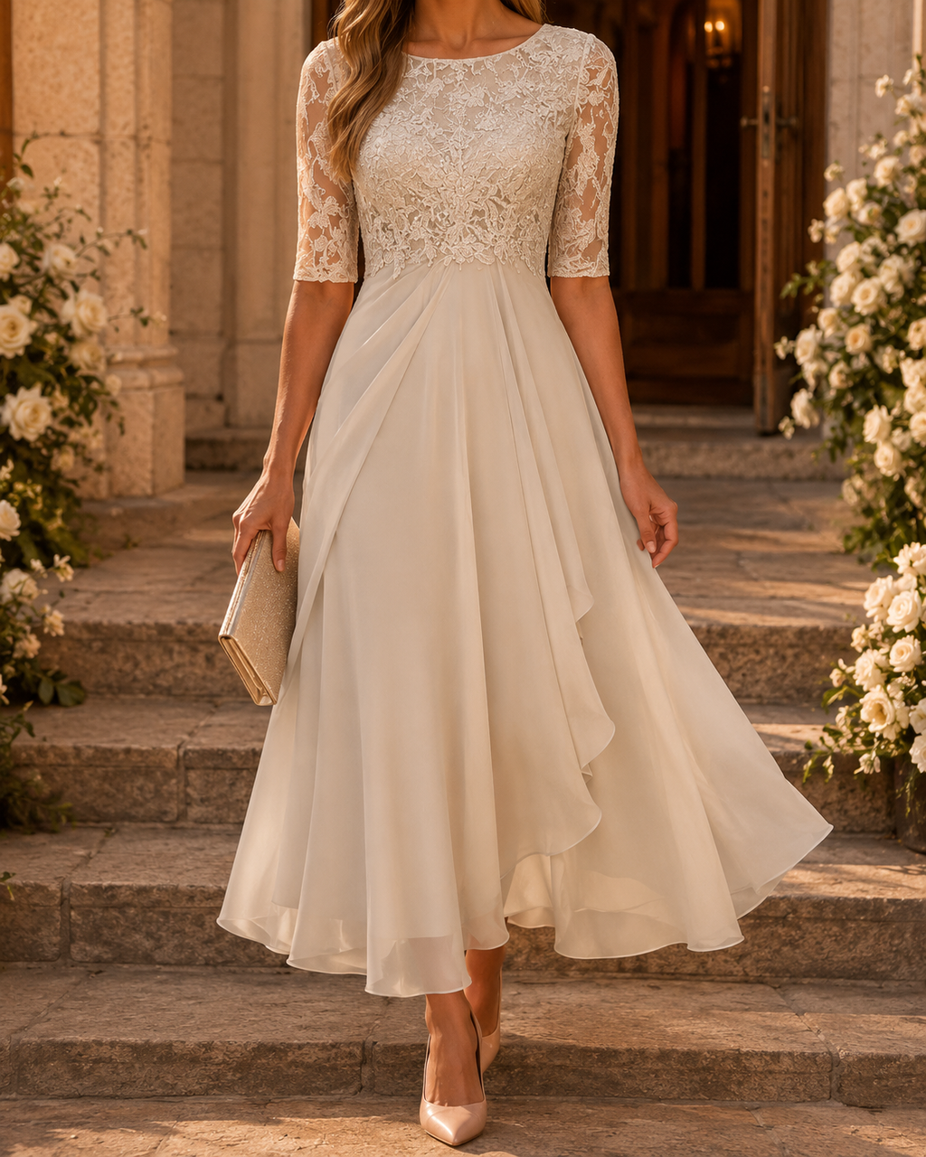 ROSALÍA | Vestido Midi de Encaje con Mangas de Tul