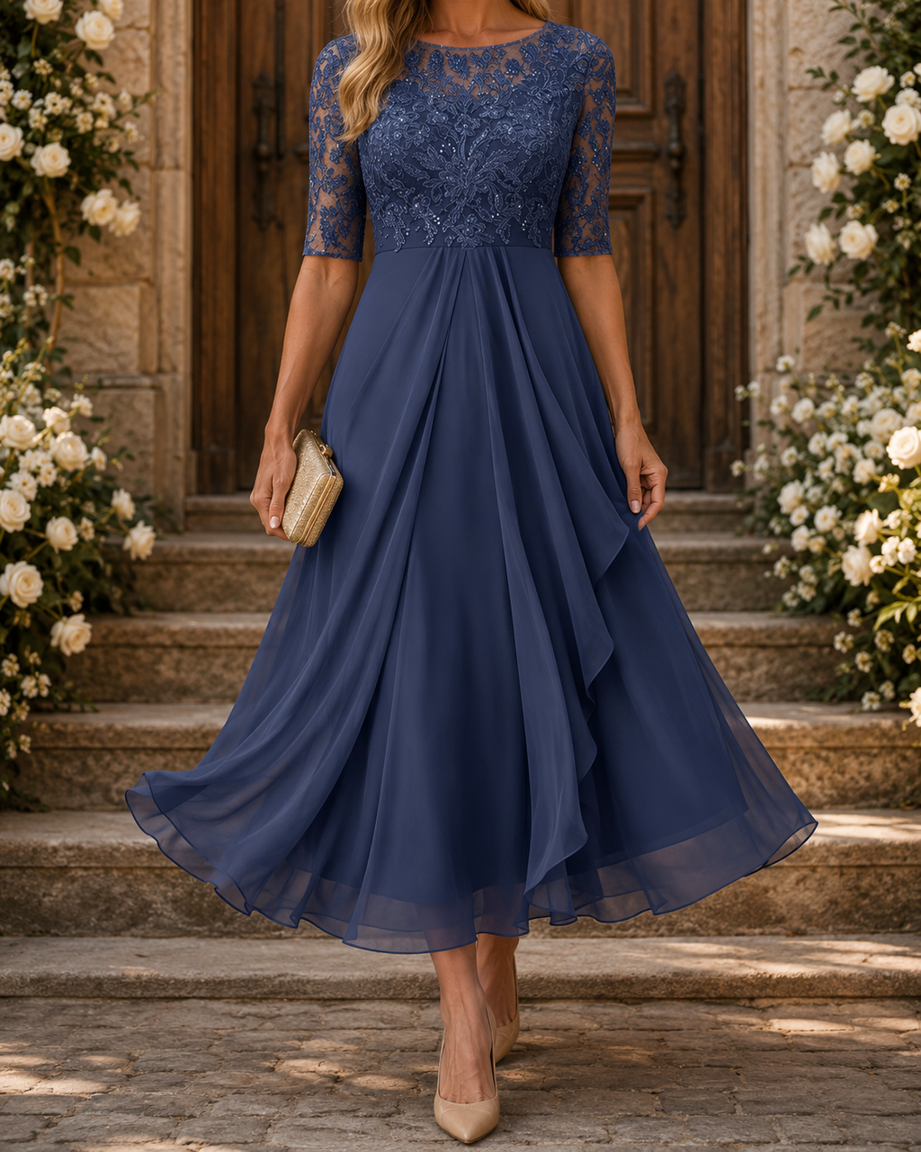 ROSALÍA | Vestido Midi de Encaje con Mangas de Tul