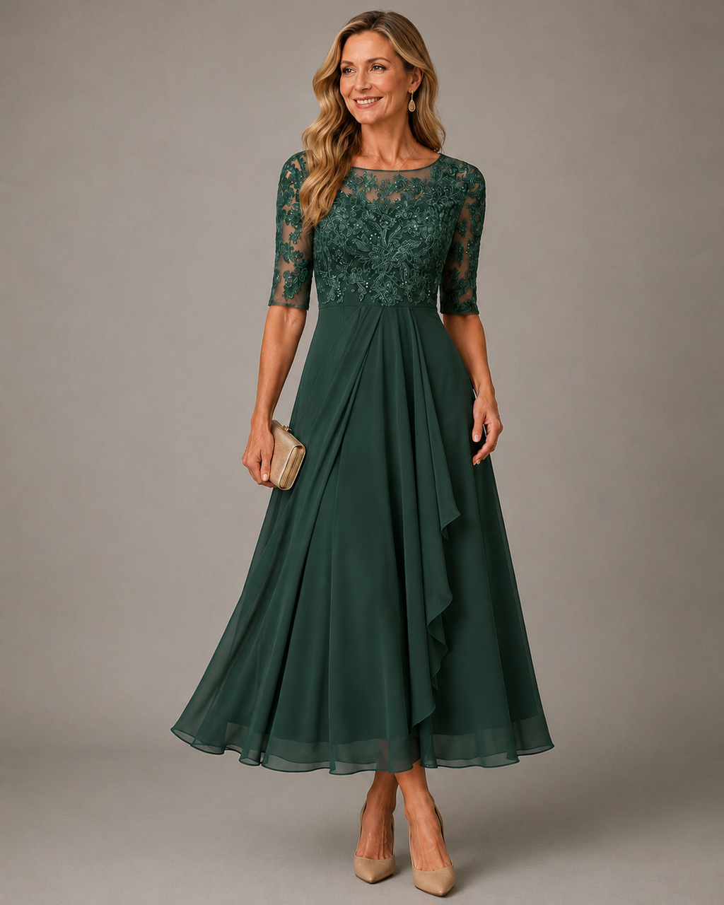 ROSALÍA | Vestido Midi de Encaje con Mangas de Tul