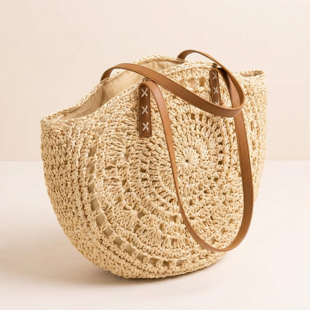 LUIGIA | Bolso Redondo Trenzado con Estampado - Beige Natural