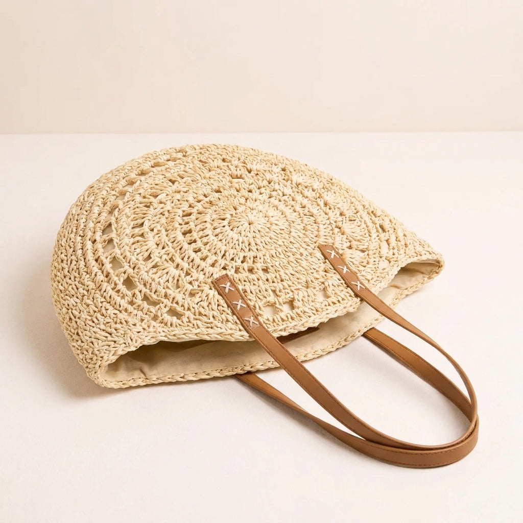 LUIGIA | Bolso Redondo Trenzado con Estampado - Beige Natural