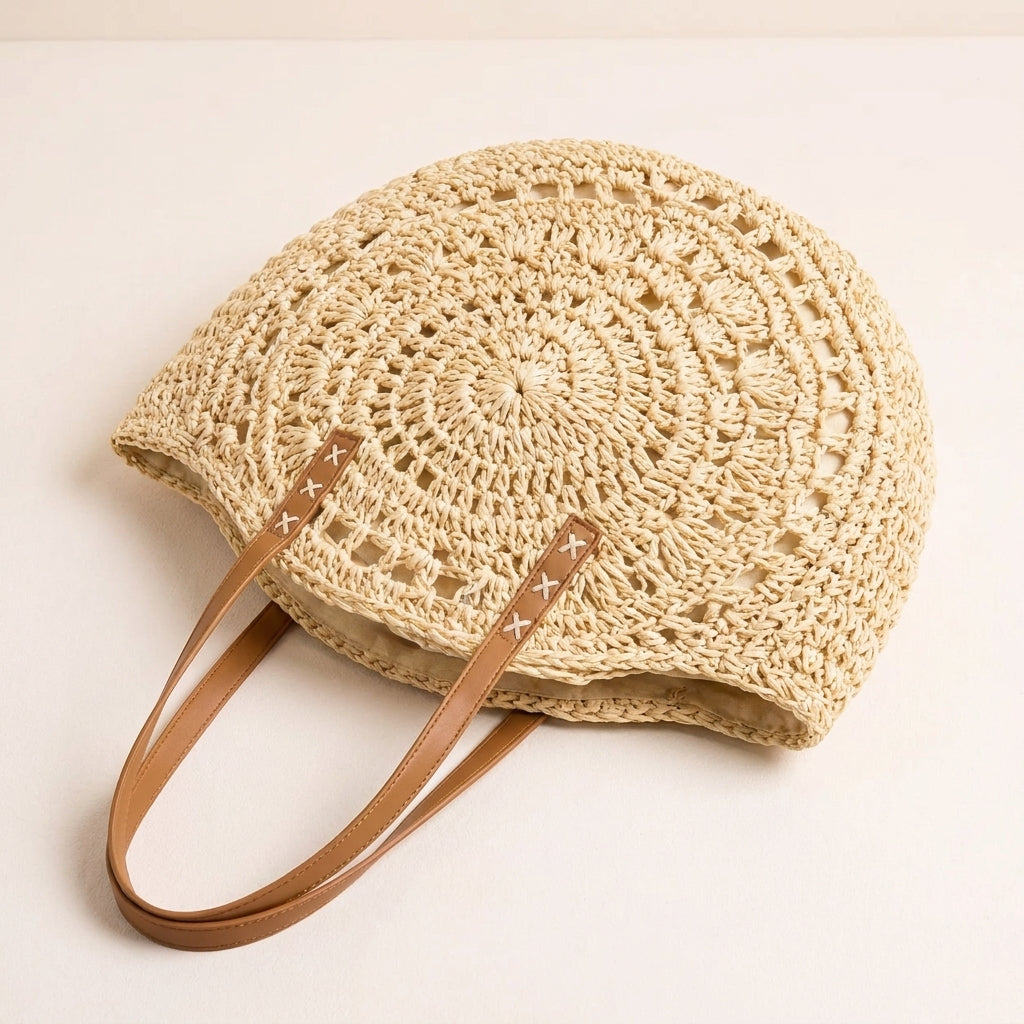LUIGIA | Bolso Redondo Trenzado con Estampado - Beige Natural