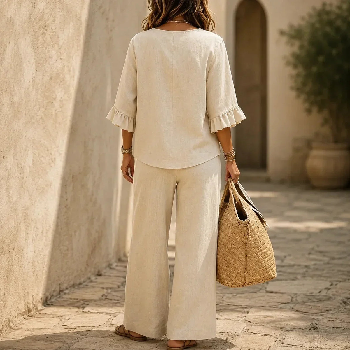 LEANDRA | Conjunto Efecto Lino con Mangas de Volantes