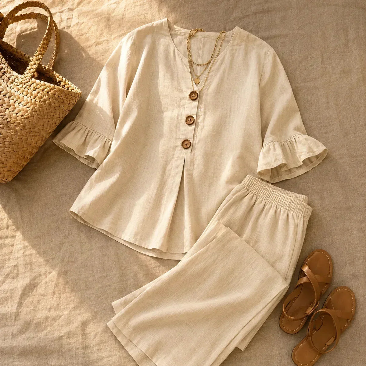LEANDRA | Conjunto Efecto Lino con Mangas de Volantes