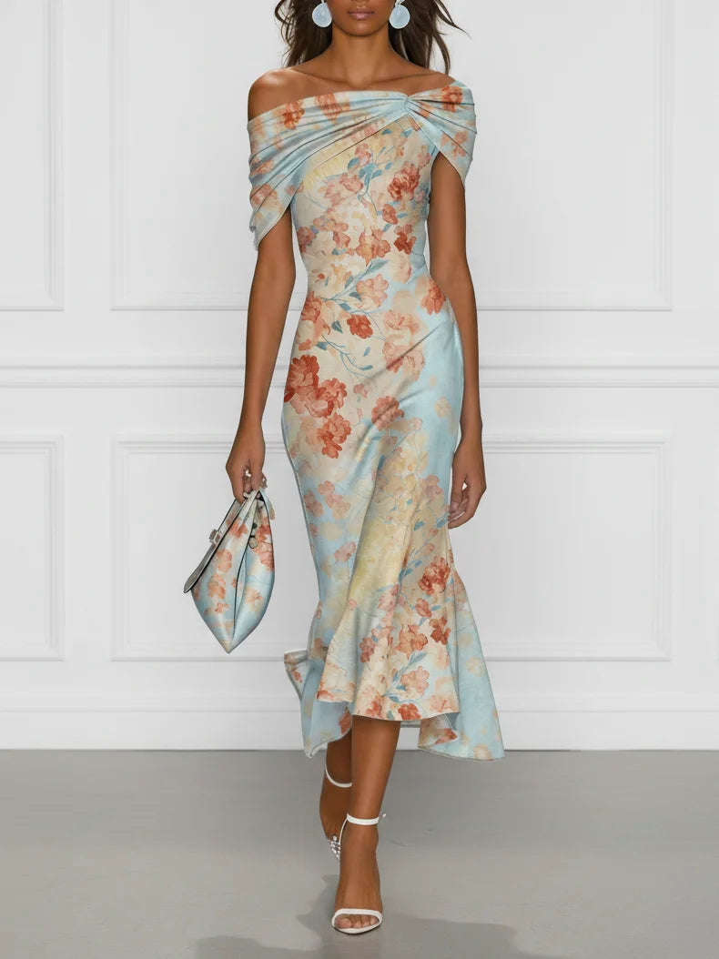 VANESA | Vestido Midi Sirena Floral con Hombros Descubiertos