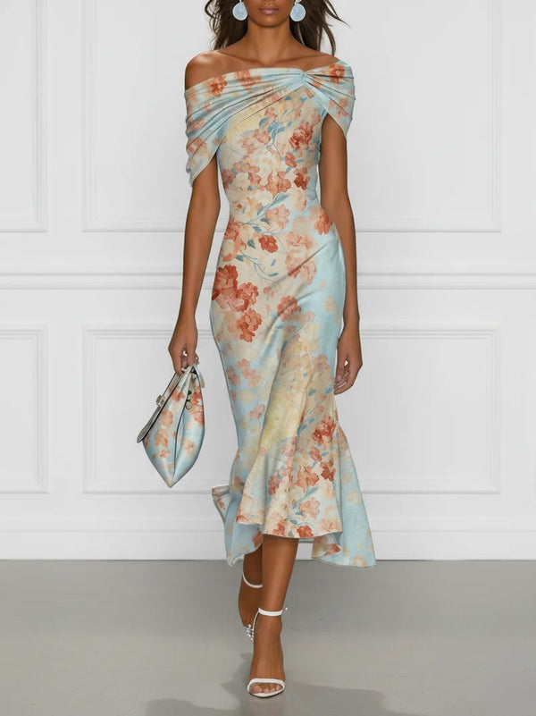 VANESA | Vestido Midi Sirena Floral con Hombros Descubiertos