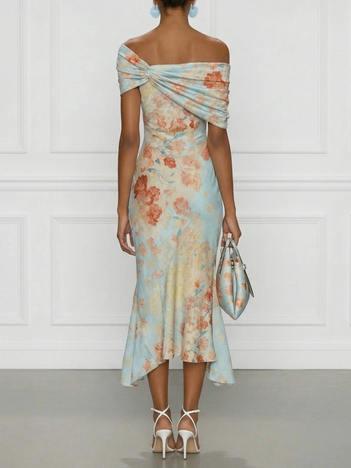 VANESA | Vestido Midi Sirena Floral con Hombros Descubiertos
