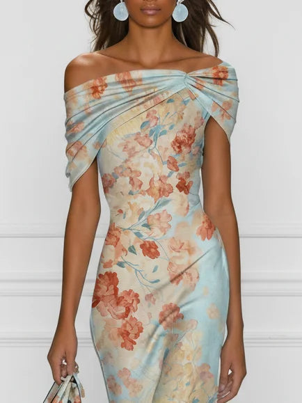 VANESA | Vestido Midi Sirena Floral con Hombros Descubiertos