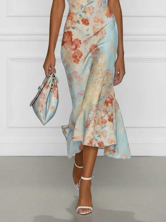 VANESA | Vestido Midi Sirena Floral con Hombros Descubiertos