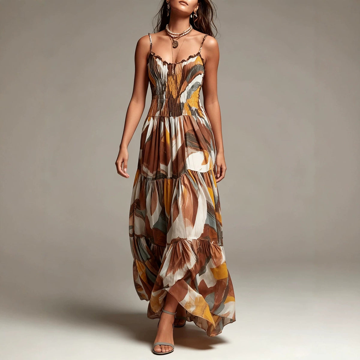 AMAYA | Vestido Maxi de Volantes con Estampado Abstracto