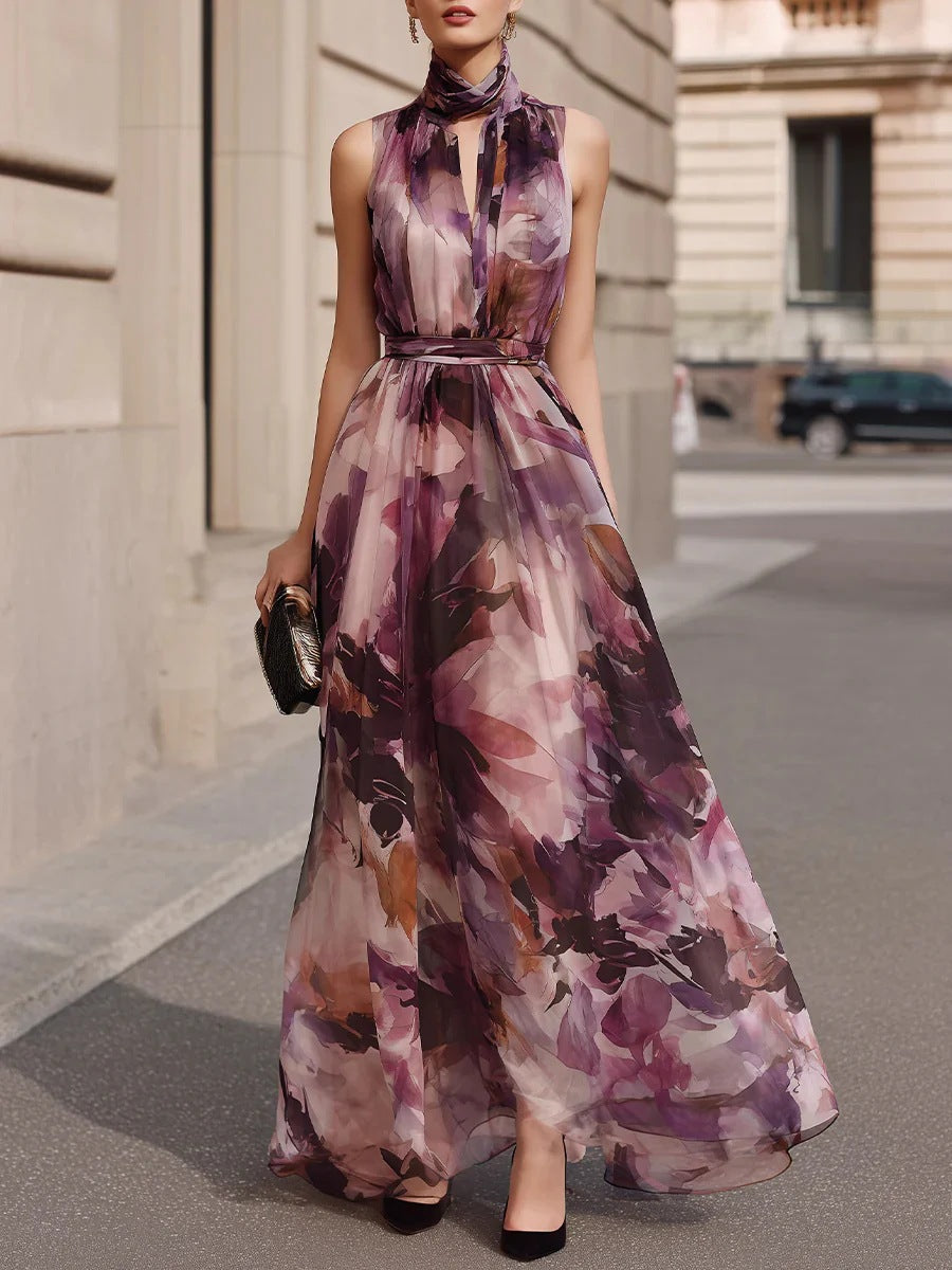 PILAR | Vestido Maxi Floral con Lazo al Cuello y Cinturón
