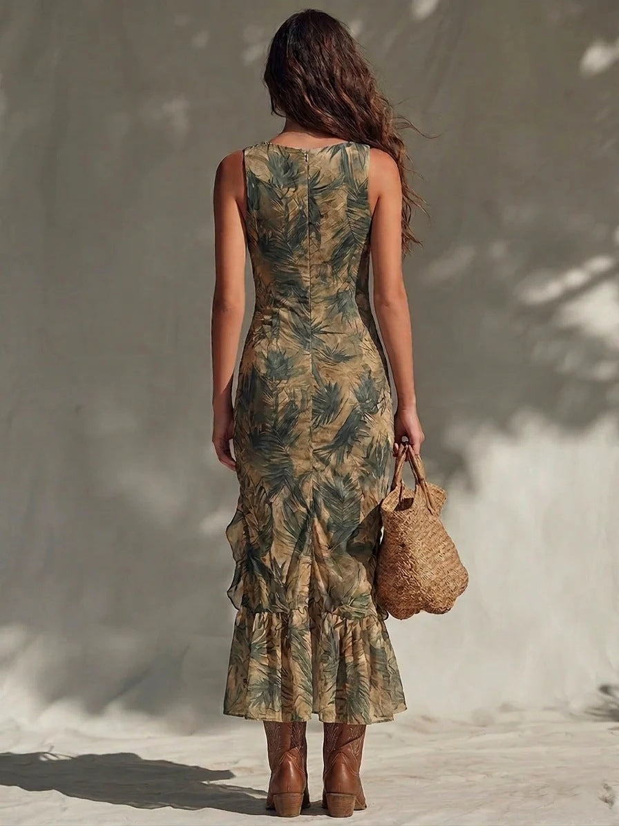PALMIRA | Vestido Maxi Estampado Tropical con Volantes