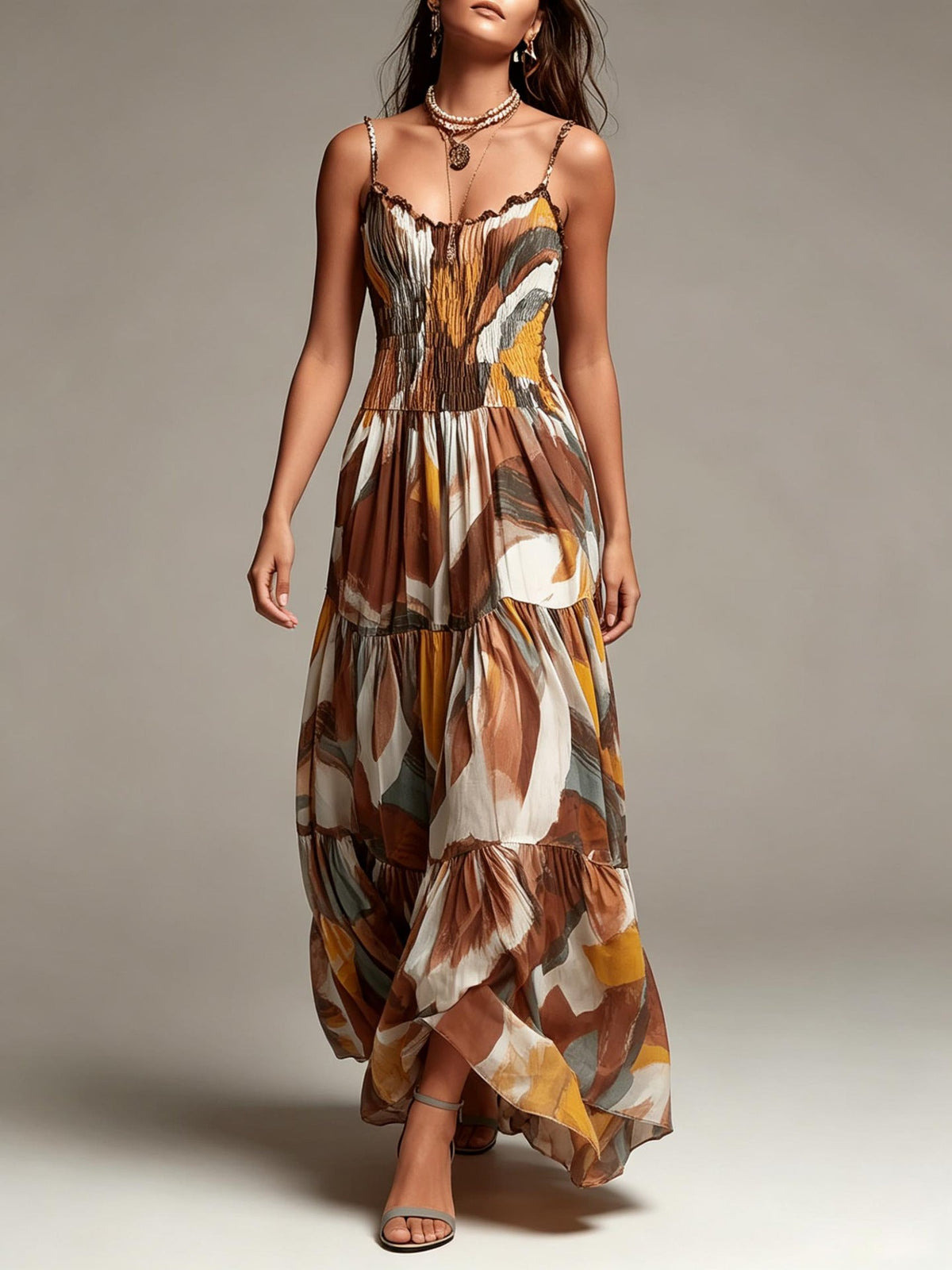 AMAYA | Vestido Maxi de Volantes con Estampado Abstracto