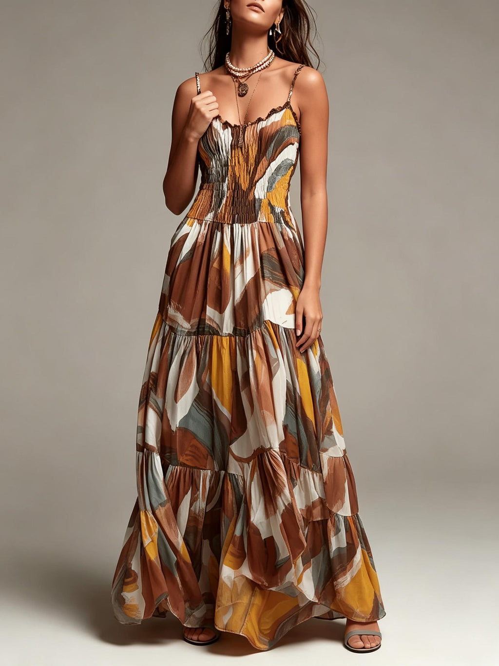AMAYA | Vestido Maxi de Volantes con Estampado Abstracto