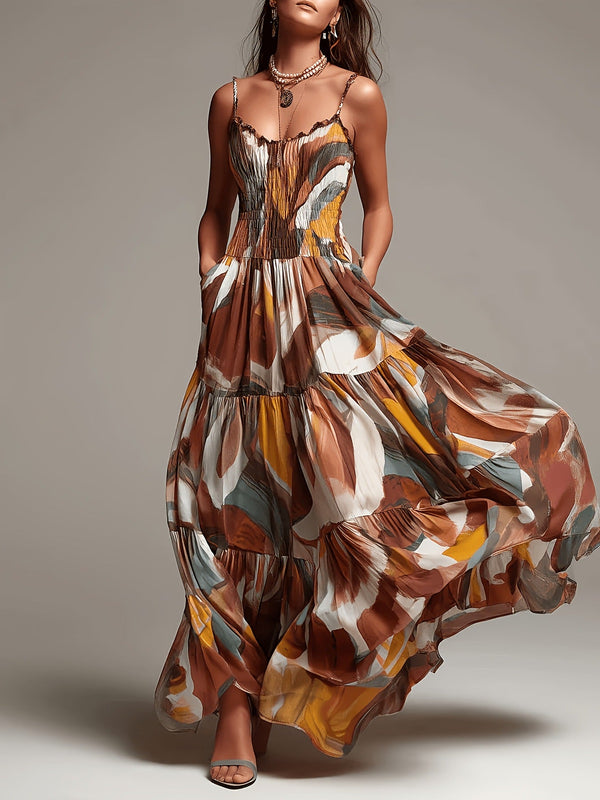 AMAYA | Vestido Maxi de Volantes con Estampado Abstracto