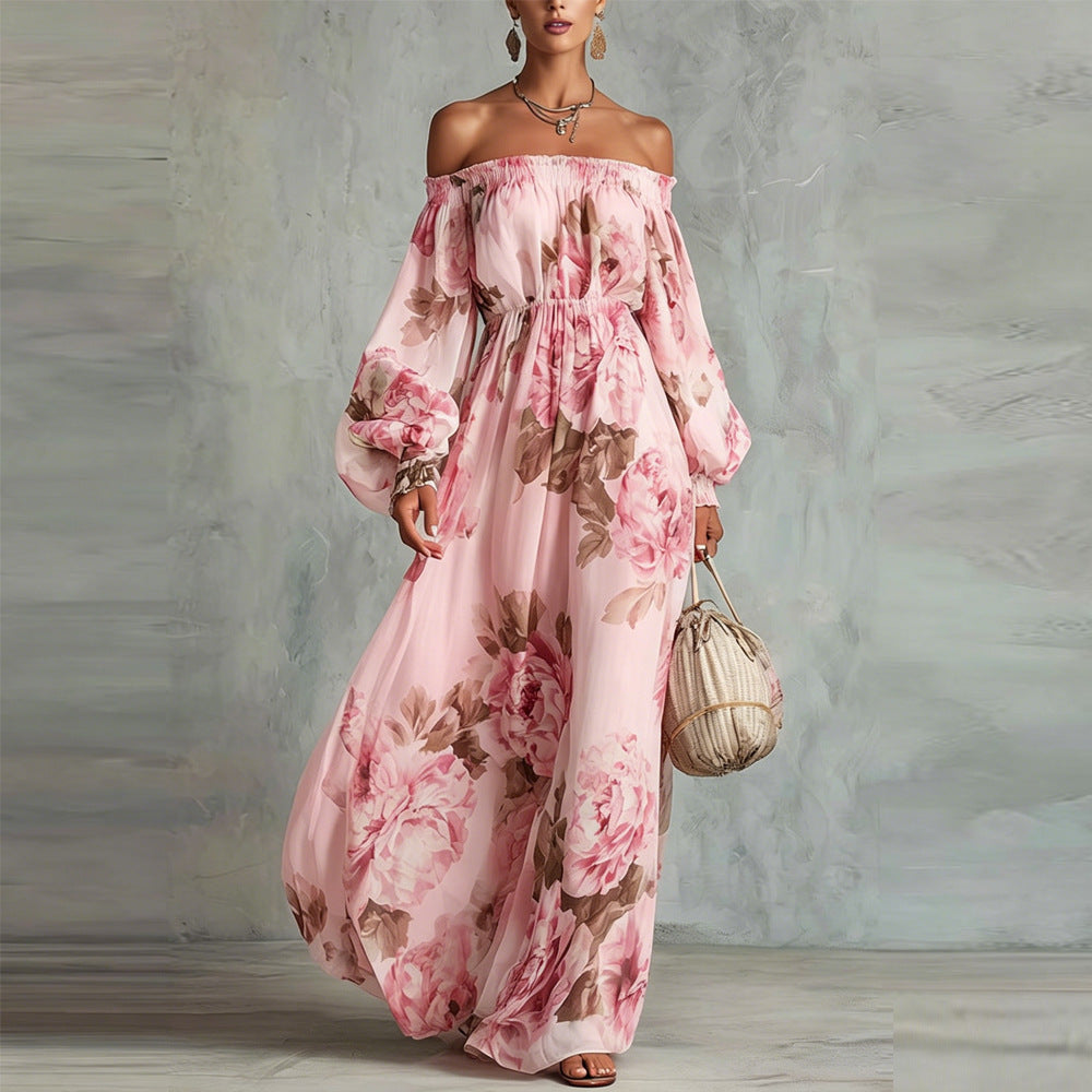 PETRA | Vestido Maxi Floral con Hombros Descubiertos y Manga Larga