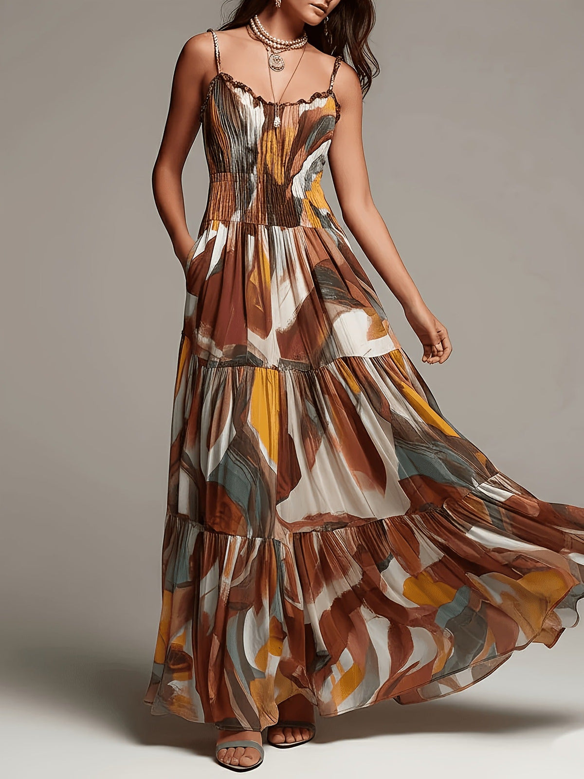 AMAYA | Vestido Maxi de Volantes con Estampado Abstracto