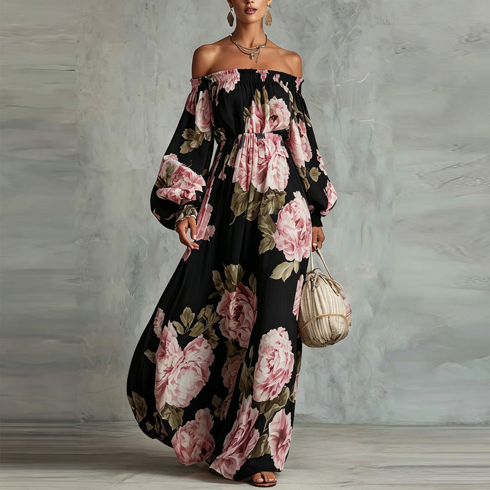 PETRA | Vestido Maxi Floral con Hombros Descubiertos y Manga Larga