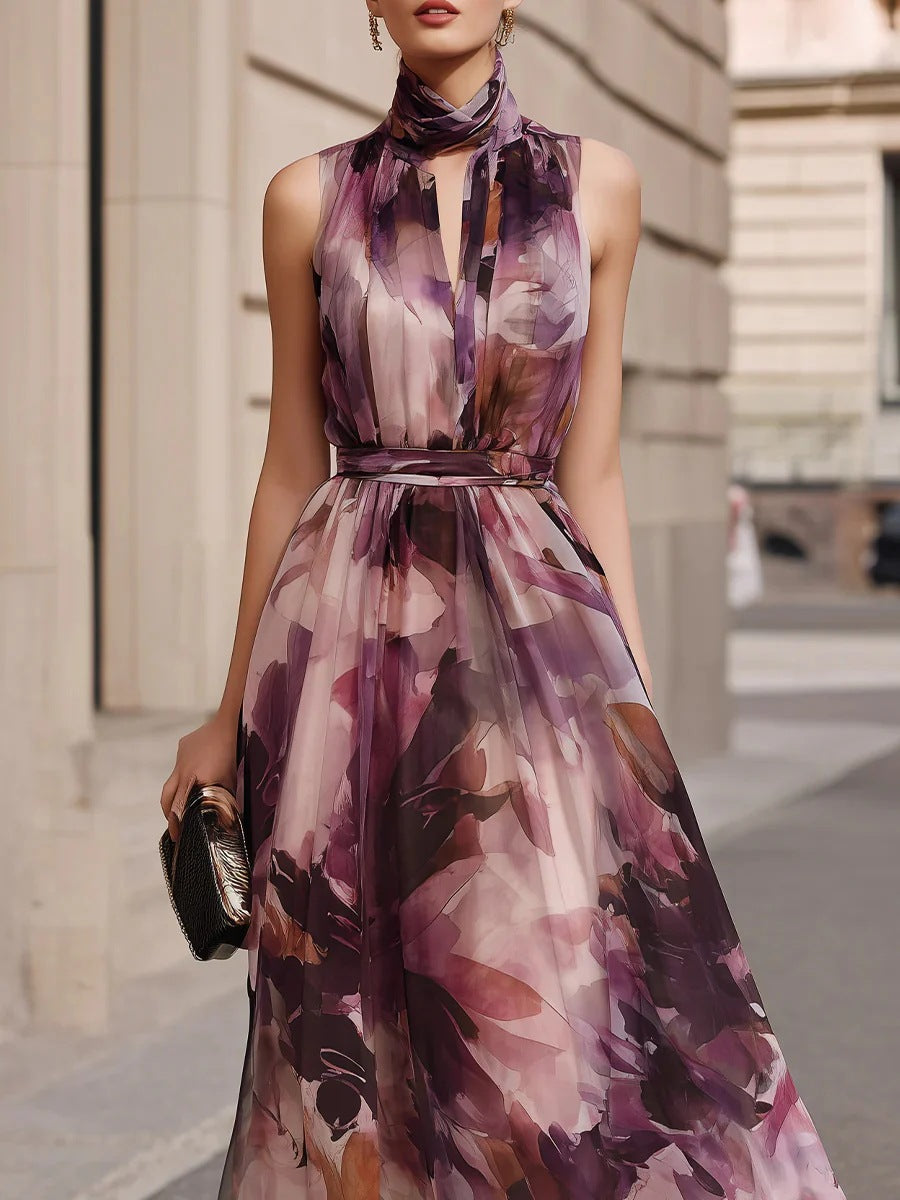 PILAR | Vestido Maxi Floral con Lazo al Cuello y Cinturón